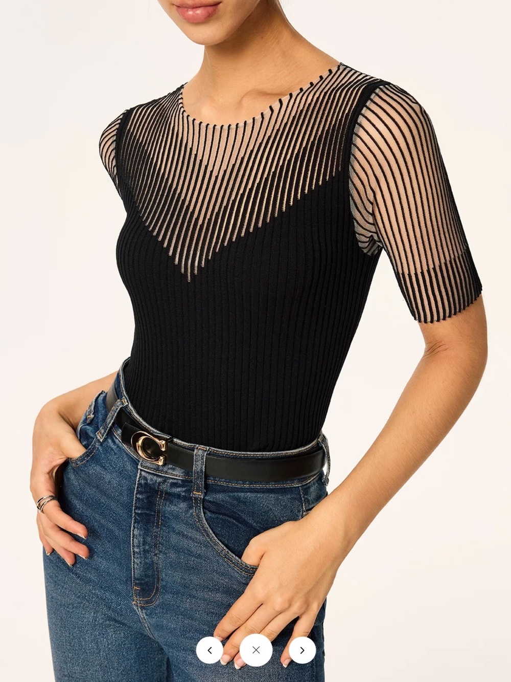 Commense Sheer Striped Panel Ribbed Ribbed Knit Top - Black - XL - Picture 4 of 7